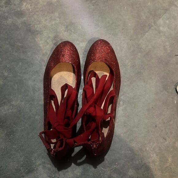 Size 6.5 Upcycled Sparkly Red Trash Ankle Wrap Ballet Flats - Picture 5 of 6